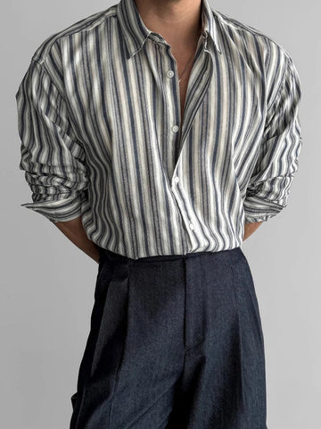 AIDASE  -  Autumn Vintage Button-up Turn-down Collar Shirt For Men Outdoor Fashion Loose Cardigans Casual Long Sleeve Mens Striped Shirts aidase-shop